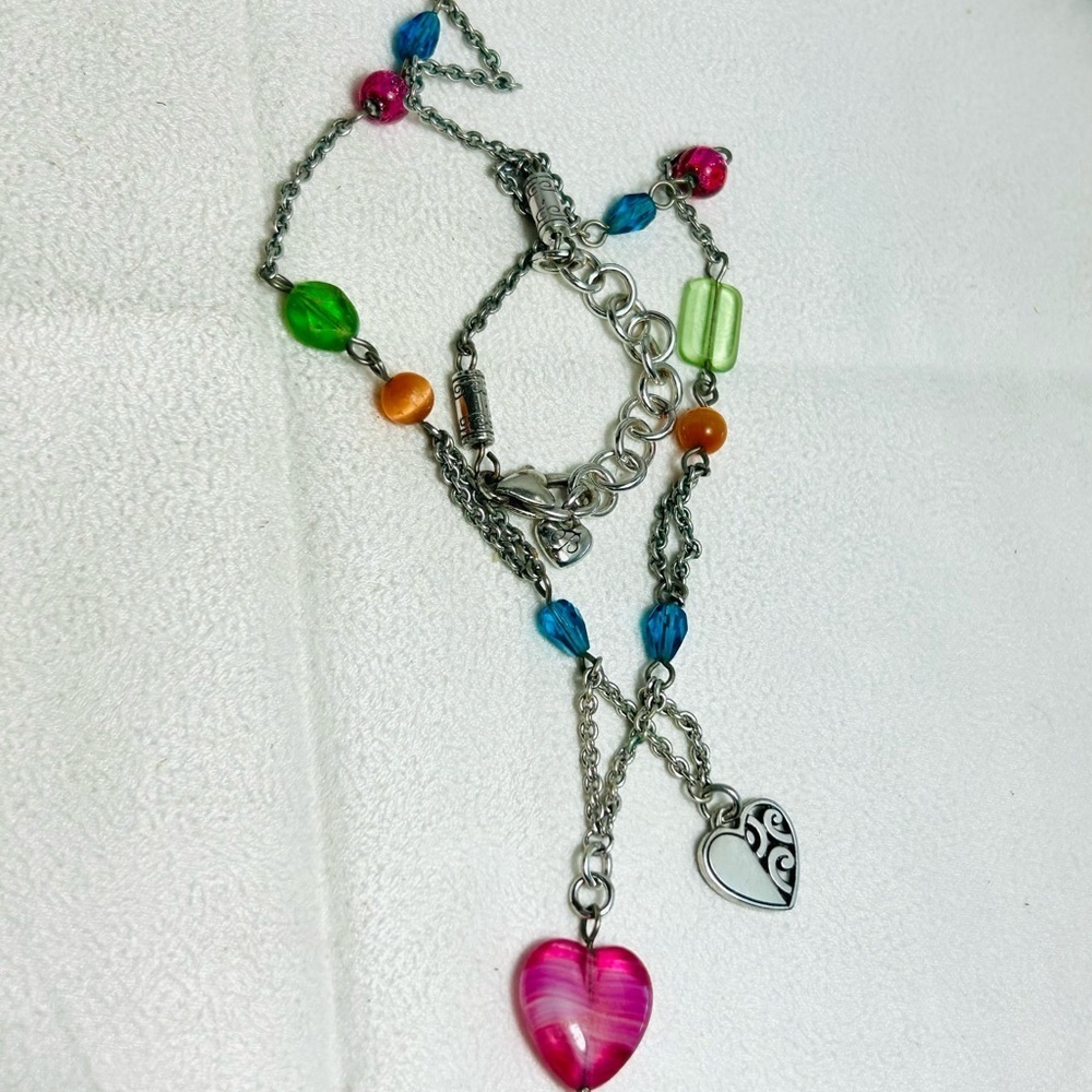 Brighton Deco Bright Necklace Colorful Beaded Heart Pendants Silver Plated 18" - Picture 6 of 9